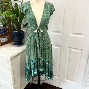 Green Patterned Tie-Front High-Low Dress